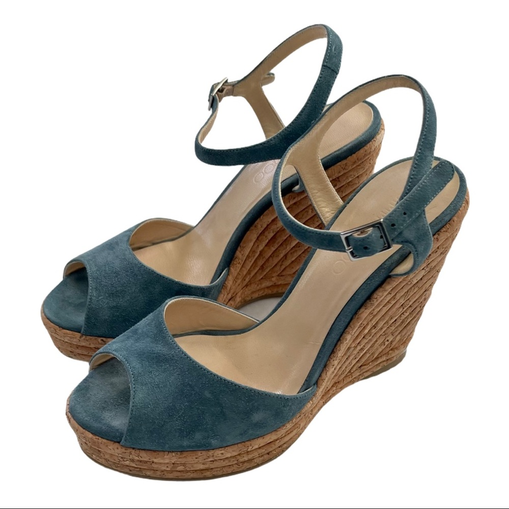 Jimmy Choo Blue Suede Ankle Strap Wedge - sz39